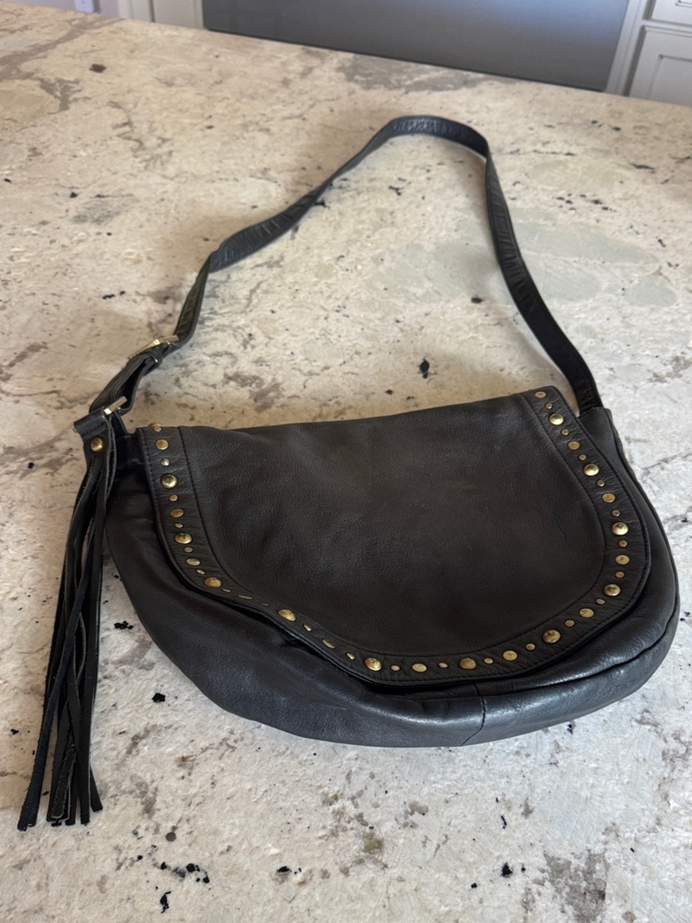 HOBO Black Leather Studded Crossbody with Tassel